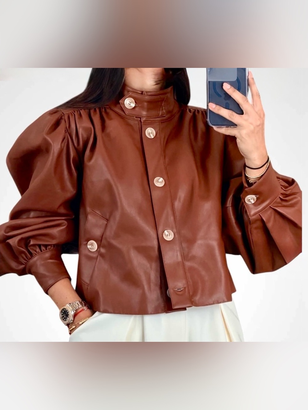 Puff-Sleeve Faux Leather Jacket in Chestnut Brown